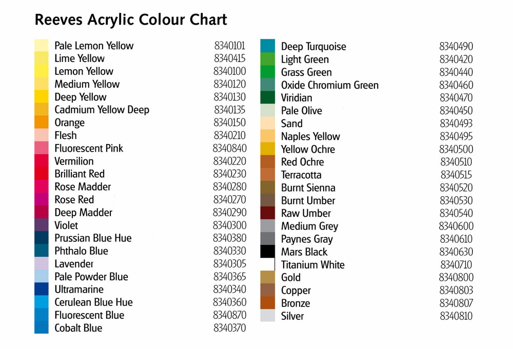 Acrilici Reeves 75 ml color chart